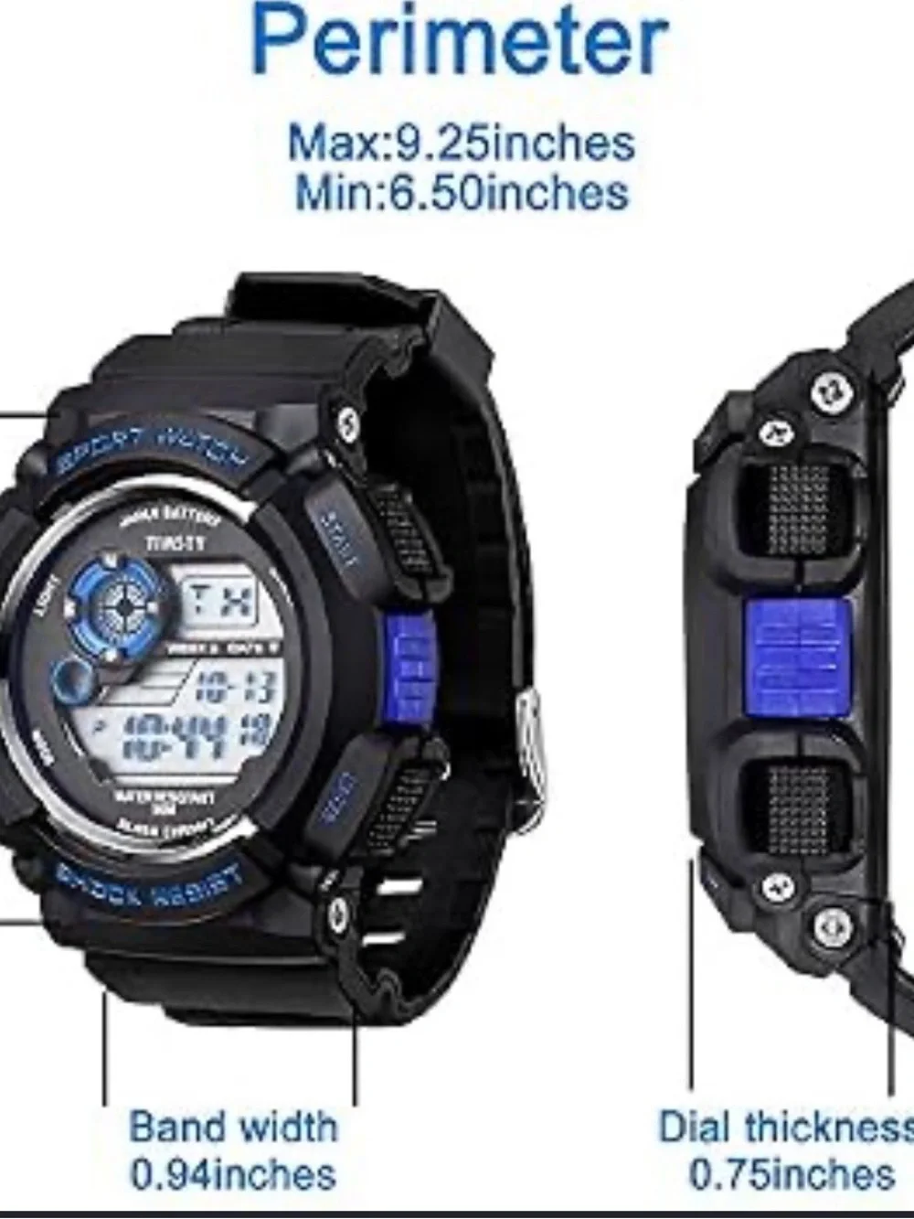 Black Digital Sport Watch with Blue Accents